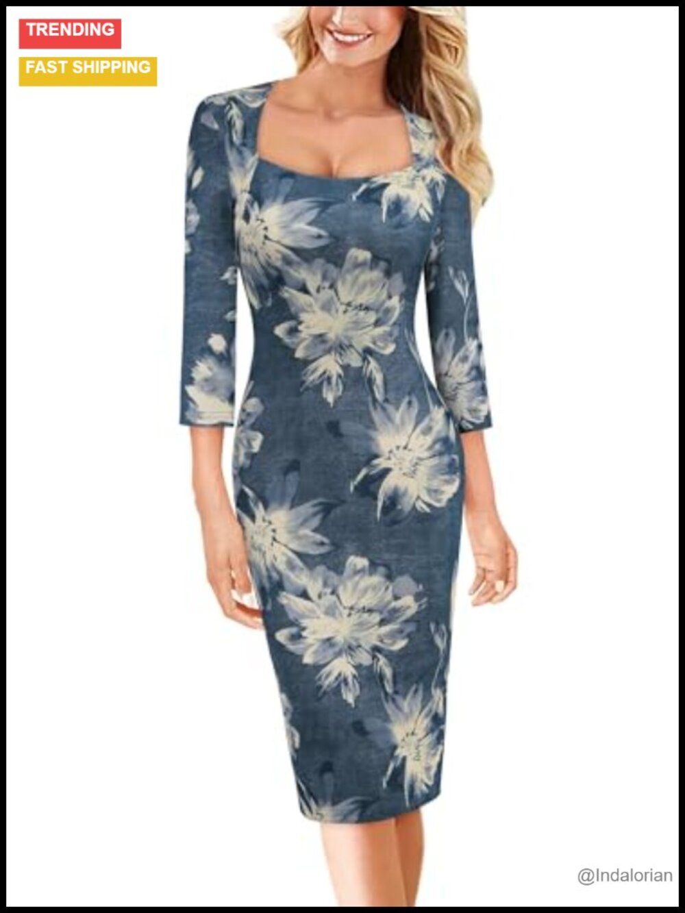 Womens Cocktail Bodycon Pencil Dress Square Neck 3/4 Sleeve